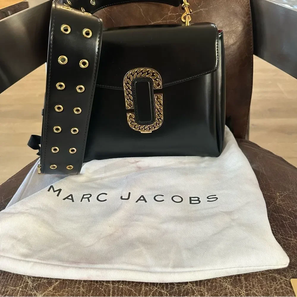 NEW Marc Jacobs Black  Polished Leather Double J St Marc Satchel Crossbody